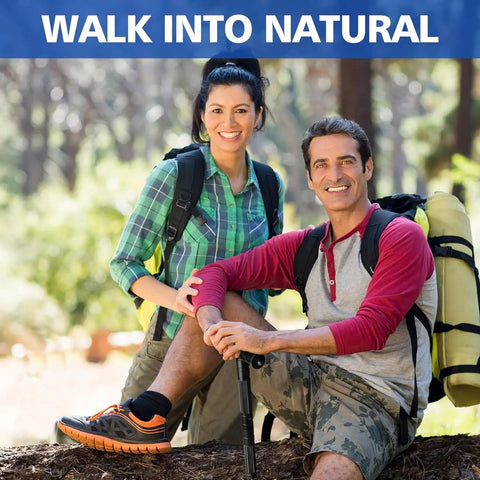 Couple hiking with Beefy Five Section Tactical Hiking Stick With Adjustable Walking Staff Aircraft Aluminum 6061 T6 Build Knurled Slip Grip.