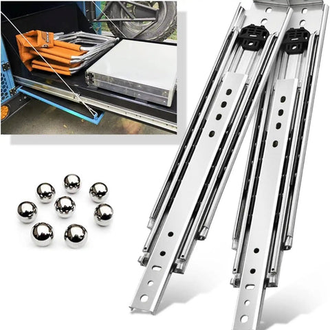 Top Shelf Heavy Duty Drawer Slides, 500 Pound Load Rating, Full Extension Ball Bearing Cabinet Runners, 68 Inch Steel guide rails with ball bearings.