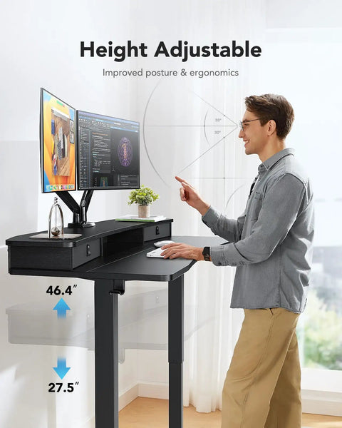 Electric Standing Desk With Two Drawers And Open Storage, 48 By 24 Inch Sit Stand Desk, C Clamp Mount Compatible, Height Adjustable in use