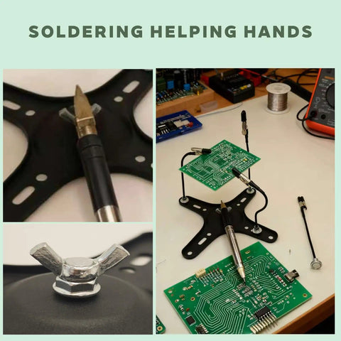 Helping Hands Soldering Station with base, four magnetic arms, PCB holders for electronics soldering, jewelry, automotive, crafts.