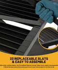 Close-up of replaceable slats on Beefy Plasma Cutting Table For Heavy Duty Workshops 32 In High By 21 In Wide By 30 In Long Carbon Steel Workbench With Replaceable Slats Folding Side Shelf Fire Resistant Scrap Tray 250 Lbs Load Capacity