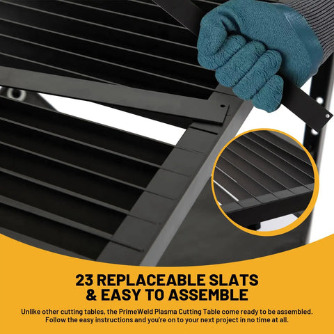 Close-up of replaceable slats on Beefy Plasma Cutting Table For Heavy Duty Workshops 32 In High By 21 In Wide By 30 In Long Carbon Steel Workbench With Replaceable Slats Folding Side Shelf Fire Resistant Scrap Tray 250 Lbs Load Capacity