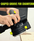 No-Fuss 20V Cordless Wood Planer With Included 4Ah Battery, Features A Snappy 3-1/4 Inch Cutting Width And Rock-Solid 12000 Rpm Motor For Swift Door Adjustments And Slick Edge Trimming On Any Weekend Project, showing a V-shaped groove for chamfering.