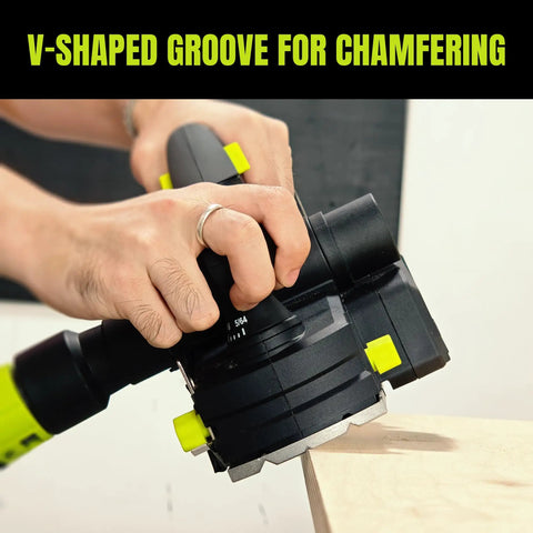 No-Fuss 20V Cordless Wood Planer With Included 4Ah Battery, Features A Snappy 3-1/4 Inch Cutting Width And Rock-Solid 12000 Rpm Motor For Swift Door Adjustments And Slick Edge Trimming On Any Weekend Project, showing a V-shaped groove for chamfering.