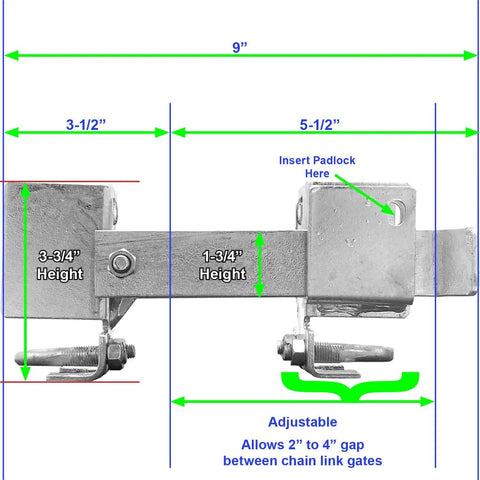Residential Double Gate Latch For Chain Link Fences Strong Arm Sentry Style dimensions and features diagram with measurements