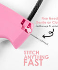 Close-up of pink handheld stitch gun showing 5mm fine needle tip for nearly invisible stitches, gentle on cloth.