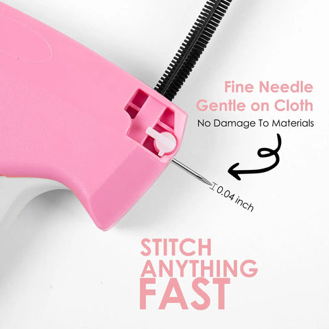 Close-up of pink handheld stitch gun showing 5mm fine needle tip for nearly invisible stitches, gentle on cloth.