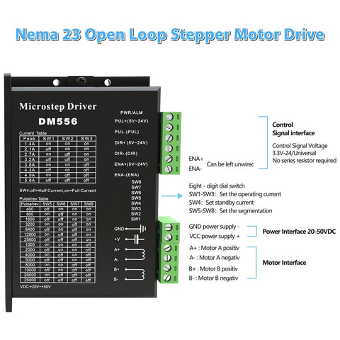DM556 microstep driver for All-In-One 3 Axis Nema 23 Stepper Motor Kit With 1.2Nm Torque, showing interface and settings.