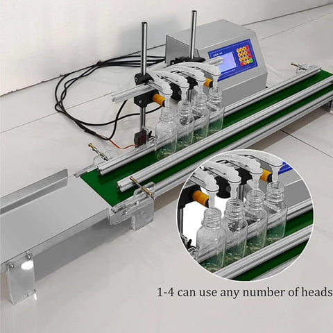 Desktop Automatic Liquid Filler Machine With Belt Conveyor, 4 Nozzle Digital Control System For Juice Wine Detergent 10 To 5000ml Bottle Line Ready To Go with filling heads.