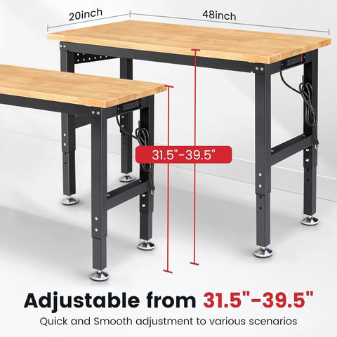 Built Tough 48 Inch Workbench With Rock Solid Rubberwood Top Adjustable Steel Frame Pegboard Rack Built In Power Outlet Garage Work Table For Shop And Home Setup