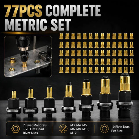 Rivet Nut Pro Grade Tool Set Kit, 77-Piece Metric Rivnut System With 7 Mandrels And 70 Flat Head Nuts, M3 M4 M5 M6 M8 M10 M12, Zinc Plated Carbon Steel Construction For Heavy Duty Rivnut Installation., 7 mandrels and 70 zinc-plated rivet nuts shown with drill installation
