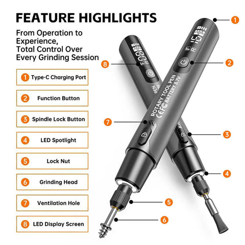 Heavy Duty Cordless Rotary Tool Kit Bundles One Hundred Eight Pieces powered by a quiet six speed mini engine features buttons and display.