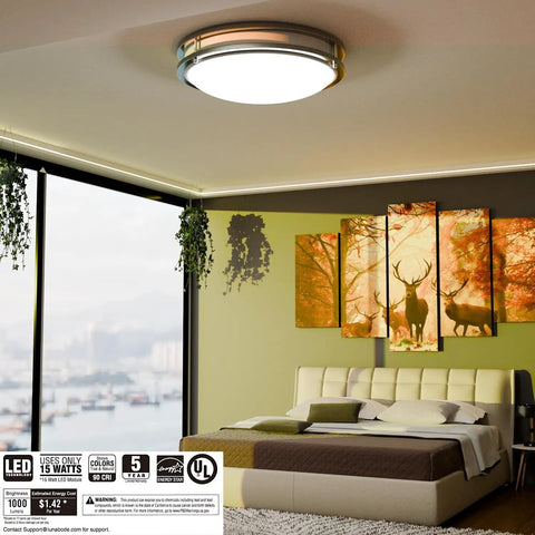 Bedroom with Dimmable LED Ceiling Light With Dope Double Ring Design For Hallways Bedrooms Closets And Kitchens 22W 1800 Lumens 5 Color Temperatures Brushed Nickel ETL Listed Energy Saving Fixture