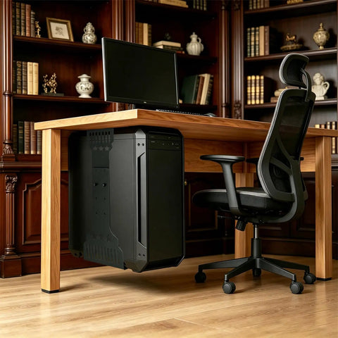 Hella Sturdy Under Desk Computer Mount Gonna Lock Your Main Rig Tight Fits Most Mid Size Cases Saves Desk Space Easy Screwless Clamp Stand supports a black PC case under a wooden desk.