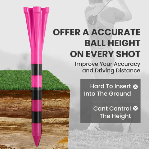Unbreakable Plastic Golf Tees Set Pro Grade with pink striped tee, focus on consistent height and reduced friction for accuracy.