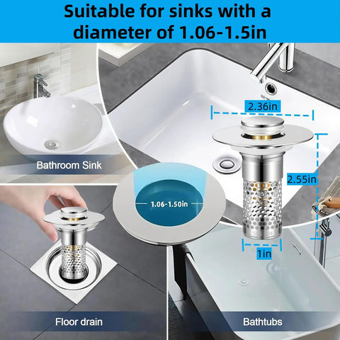 Hella Solid Bathroom Pop Up Sink Drain Strainer Two Pack Stainless Steel Hair Catcher Filter Basket Keeps Sludge Out And Stops Clogs Cold Before They Spread