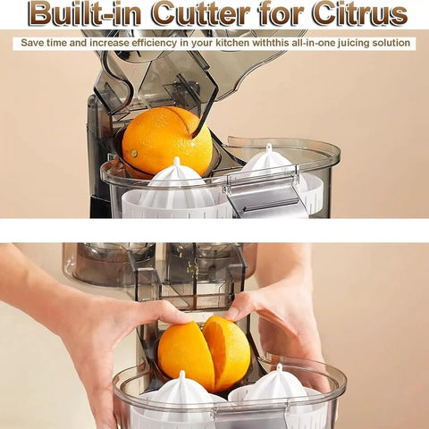 Top Rated Electric Citrus Juicer Machine With Powerful 100W Motor Making Fresh Orange And Lemon Juice Quick Cold Press Extractor For Home Kitchen Daily Smoothies And Cocktails Easy Clean Design showing built-in cutter for citrus fruits.