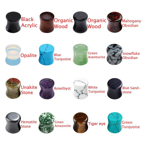 Dope Value Pack Mixed Stone Wood And Acrylic Ear Plugs Set, 16 pairs showcasing variety of colorful materials and sizes