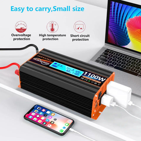 1100 Watt Pure Sine Wave Inverter For RV And Off Grid Power Converts 12V DC To 110 And 120 VAC With 2 AC Outlets Dual USB Ports