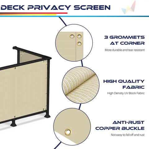 Diagram displaying a 3x10 Balcony Privacy Screen For Deck And Patio Outdoor Mesh Fence Cover With Zip Ties UV Protected Beige Privacy Shield.