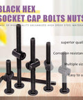 Black hex socket cap bolts and nuts displayed with Allen wrench on wooden surface, labeled as superior quality and corrosion resistant.