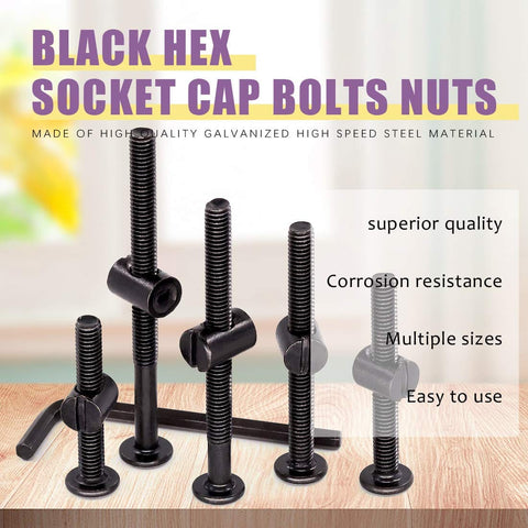 Black hex socket cap bolts and nuts displayed with Allen wrench on wooden surface, labeled as superior quality and corrosion resistant.