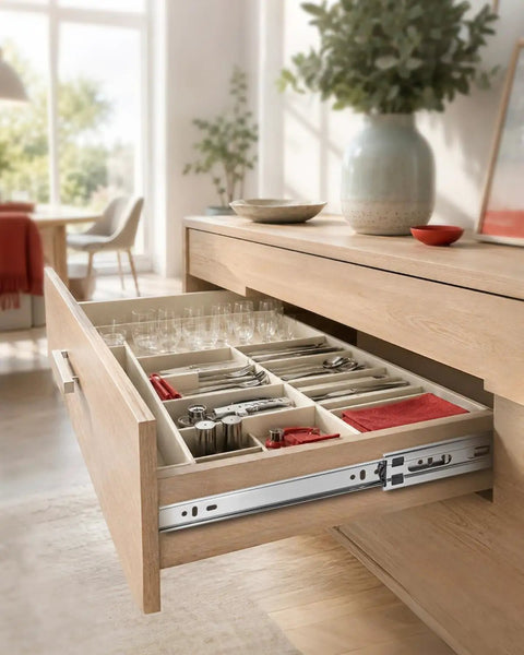 Open drawer with Soft Close Drawer Slides 22 Inch Full Extension Side Mount 5 Pack with Ball Bearing Rails, kitchen setting