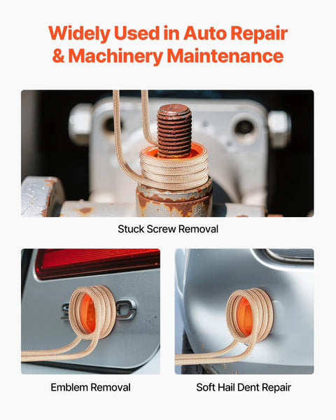 Stuck bolt, emblem, and dent repairs using Induction Heater Bolt Removal Kit 1100W 110V Handheld Nut Buster for car garage repairs.