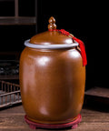 Food Grade Moisture Resistant Large Ceramic Grain Bucket With Airtight Locking Lid Keep Your Favorite Flours Teas And Coffee Beans Freaking Fresh For Modern Pantry Storage Solutions in rich brown color.