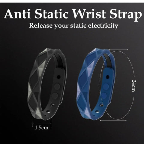 Adjustable Anti Static Wrist Strap 2 Pack For Men And Women, showing black and blue ESD wristbands, silicone material, 24cm length