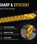 Slay Your Drilling Game With This 6-Piece Titanium HSS Bit Set Featuring Serrated Twist Design For Rapid Chip Removal And Split Point Precision On Metal And Wood Projects Perfect For Hand Tools. Gold titanium HSS drill bit, 135° split point, spiral flute.