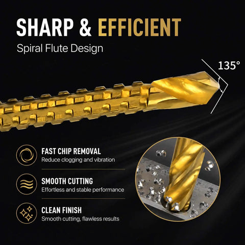Slay Your Drilling Game With This 6-Piece Titanium HSS Bit Set Featuring Serrated Twist Design For Rapid Chip Removal And Split Point Precision On Metal And Wood Projects Perfect For Hand Tools. Gold titanium HSS drill bit, 135° split point, spiral flute.