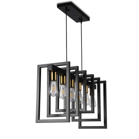 Six Light Kitchen Island Pendant Chandelier In Industrial Style Matte Black With Antique Brass Finish, side view