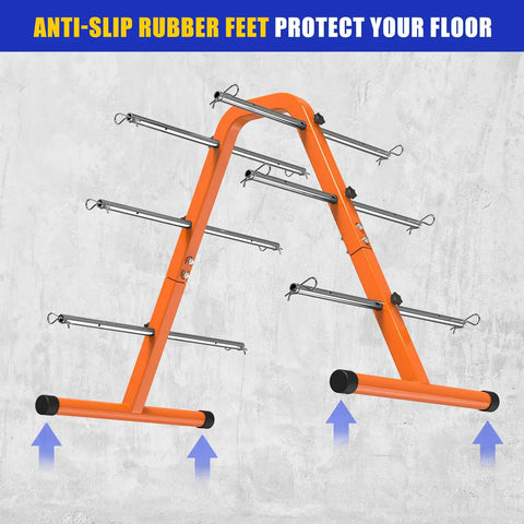 No Sweat Portable Wire Spool Rack And Cable Dispenser With Six Adjustable Steel Rods, orange steel frame with anti-slip rubber feet.