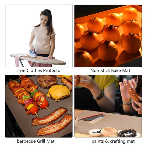 3 Pack Non Stick PTFE Sheets For Heat Press 12 By 16 Inches Heat Transfer Mats shown as iron protector, bake, grill, and craft mat
