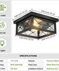 Farmhouse Dope 2 Light Ceiling Fixture In Black Flush Mount With Clear Glass Shade And Square Metal Cage, dimensions highlighted