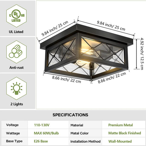 Farmhouse Dope 2 Light Ceiling Fixture In Black Flush Mount With Clear Glass Shade And Square Metal Cage, dimensions highlighted