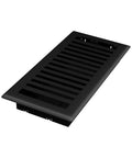 Montezuma Decorative Floor Register 4x10 Black Iron With Durable Damper, angled view of black iron vent with slit details.