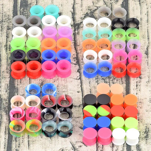 Colorful Silicone Ear Gauges Plugs Set With Double Flared Tunnels, Lightweight Flexible Ear Stretchers in assorted colors and sizes