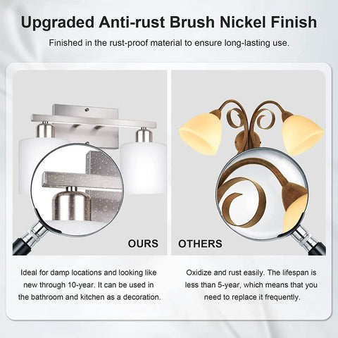 Comparison of Dope Vanity Light Fixture Over Mirror in Brushed Nickel and other fixtures showing finish and durability.