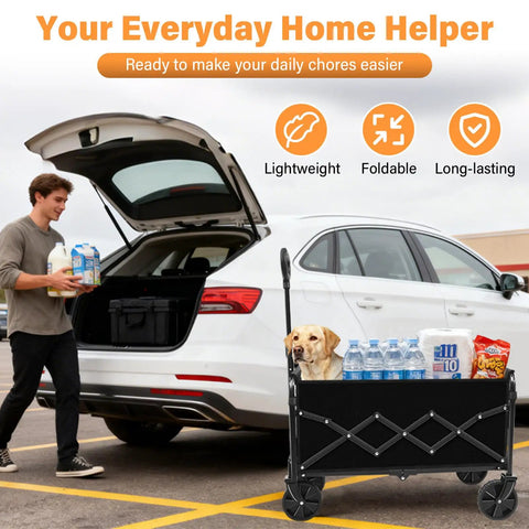 Foldable Collapsible Wagon Cart With 360 Degree All Terrain Wheels Grab And Go Utility Wagon holding groceries in a parking lot