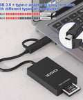 XQD Card Reader With USB 3.0 Dual Type A And Type C, 5Gbps Transfer Speed connected to laptop showing compatibility with Sony G and M Series