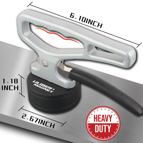 2 Pack Heavy Duty Magnetic Pickup Tool With Quick Release Lift Magnet showing dimensions and ergonomic handle on iron plate
