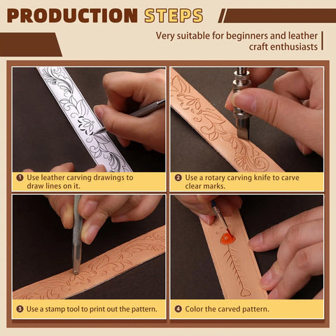 Dope Leather Working Kit With Pro Grade Tools And Dyes For DIY Beginners showing carving and stamping steps for leather crafting.