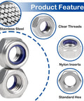 15 Pcs M10 1.5 Nylon Insert Lock Nuts Hex Nylock Self Locking Nut 304 Stainless Steel 18 8 DIN985, showing features and design