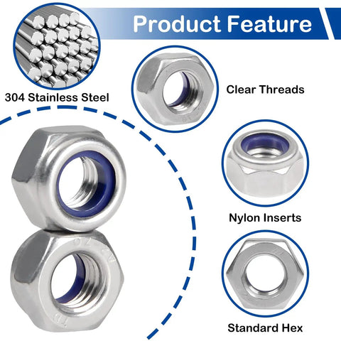 15 Pcs M10 1.5 Nylon Insert Lock Nuts Hex Nylock Self Locking Nut 304 Stainless Steel 18 8 DIN985, showing features and design
