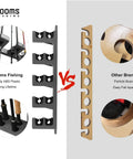Comparison between two fishing rod holders, one in sturdy black ABS plastic and another in particle board, highlighting material quality.