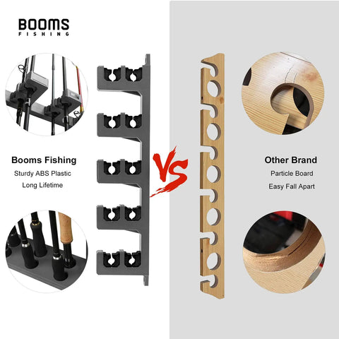 Comparison between two fishing rod holders, one in sturdy black ABS plastic and another in particle board, highlighting material quality.
