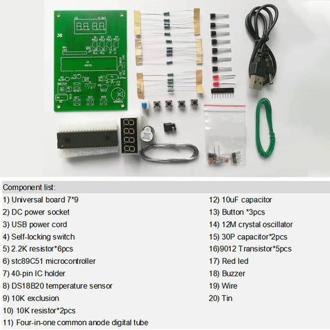 Beginner Friendly Soldering Practice Kit With DS18B20 Temperature Sensor Module For DIY Electronics Projects 0-99 C (32-210 F), showing components layout and PCB.