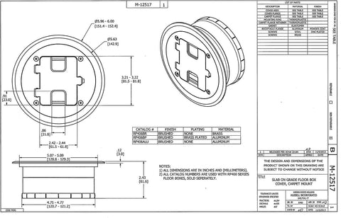 Technical drawing of Aluminum Floor Box Cover With 15A 125V Outlet For RF400 Bryant Floor Box RF406ALU components.